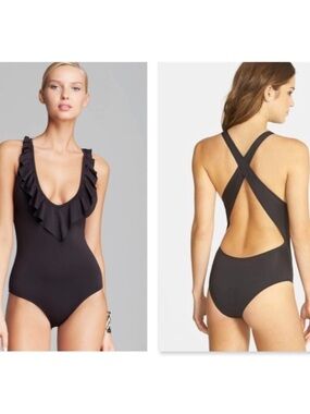 Zinke Black Weekender One Piece Swimsuit Open Back Plunge Neck Ruffle Medium